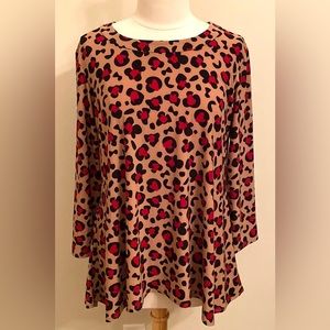 Anne Klein Red Tan Black Animal Print Long Sleeve Business Career Top Size Large